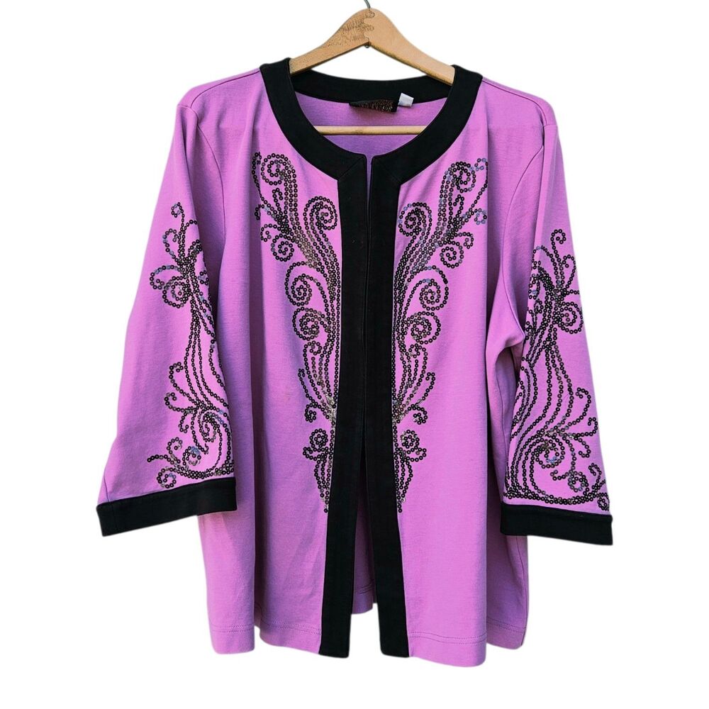 Bob Mackie Wearable Art Purple Cardigan ¾ Sleeve Sweater  Beaded Sequined 2XL